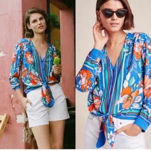 Anthropologie Maeve Size 2 Floral Front Tie Button Front Elan Top  Blouse  Shirt